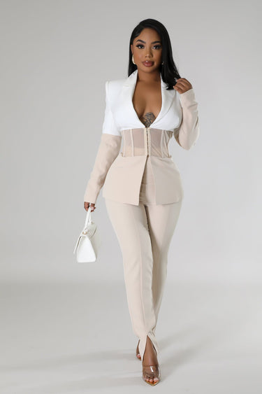 Back view of two piece pant set – coordinated blazer and pants set