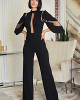 First Date Black Jumpsuit with Sheer Mesh & Flared Legs - women's one-piece outfit for going out