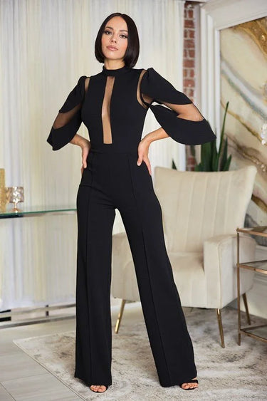First Date Black Jumpsuit with Sheer Mesh & Flared Legs - women's one-piece outfit for going out