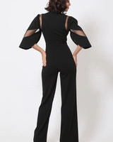 First Date Black Jumpsuit with Sheer Mesh & Flared Legs - chic one-piece by Palazzo Couture