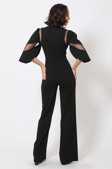First Date Black Jumpsuit with Sheer Mesh & Flared Legs - chic one-piece by Palazzo Couture