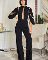 First Date Black Jumpsuit with Sheer Mesh & Flared Legs for women - stylish jumpsuit by Palazzo Couture