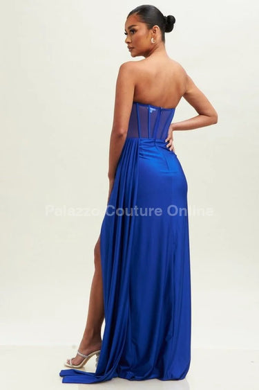 First Impression Royal Blue Maxi Dress with Corset Detail close up detail of corset design and fabric