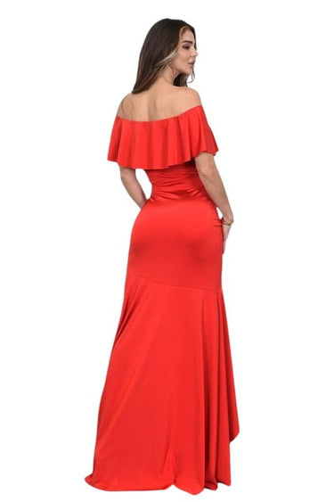Off‑shoulder ruffle maxi dress in vibrant red – elegant women’s party dress