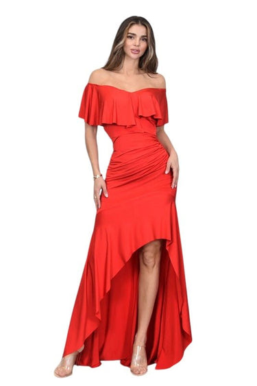 Flamenco charm red ruffle maxi dress – bold off‑shoulder evening gown for women