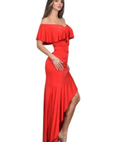 Flamenco Charm Ruffle Maxi Dress (Red) close up detail of ruffle design and fabric
