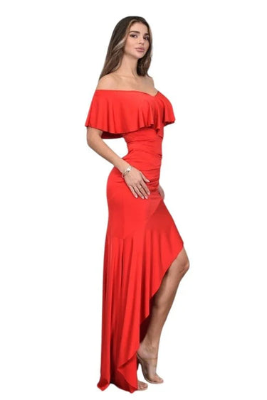 Flamenco Charm Ruffle Maxi Dress (Red) close up detail of ruffle design and fabric