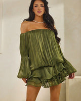 Flirt & Flow Off - Shoulder Mini Dress - Olive - Palazzo Couture Online