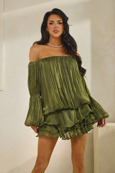 Flirt & Flow Off - Shoulder Mini Dress - Olive - Palazzo Couture Online