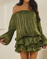Flirt & Flow Off - Shoulder Mini Dress - Olive - Palazzo Couture Online