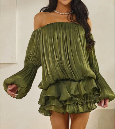 Flirt & Flow Off - Shoulder Mini Dress - Olive - Palazzo Couture Online