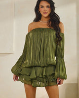 Flirt & Flow Off - Shoulder Mini Dress - Olive - Palazzo Couture Online