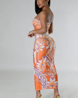 Flirty Date Skirt Set (Orange) close up of matching top design and fabric