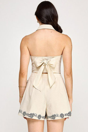 Flora Embroidered Vest & Shorts Set - Navy/ Off White - Palazzo Couture Online