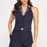 Flora Embroidered Vest & Shorts Set- Navy/ Off White front view showing complete two piece short set