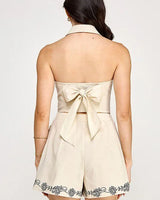 Flora Embroidered Vest & Shorts Set- Navy/ Off White close up of matching top design and fabric detail
