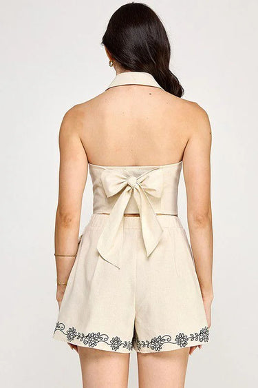 Flora Embroidered Vest & Shorts Set- Navy/ Off White close up of matching top design and fabric detail