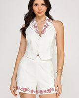 Flora Embroidered Vest & Shorts Set - Off White/Red - Palazzo Couture Online