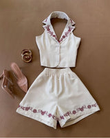 Flora Embroidered Vest & Shorts Set- Off White/Red close up of matching top design and fabric detail