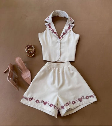 Flora Embroidered Vest & Shorts Set- Off White/Red close up of matching top design and fabric detail