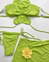 Flora Fuego 3-Piece Flower Bikini Set – Lime - summer beach swimwear for women