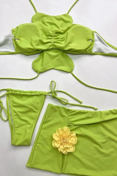 Flora Fuego 3-Piece Flower Bikini Set – Lime - summer beach swimwear for women