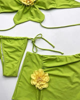 Flora Fuego 3-Piece Flower Bikini Set – Lime - tropical bikini set