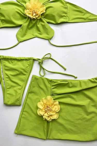 Flora Fuego 3-Piece Flower Bikini Set – Lime - tropical bikini set