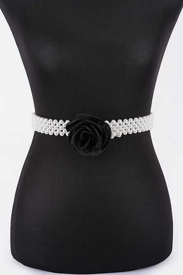 Floral Elegance Faux Pearl Stretch Belt Black - Palazzo Couture Online