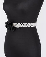 Floral Elegance Faux Pearl Stretch Belt Black - stylish belt for dresses and outfits