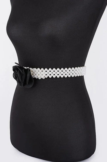 Floral Elegance Faux Pearl Stretch Belt Black - stylish belt for dresses and outfits