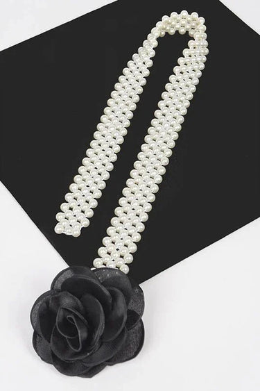 Floral Elegance Faux Pearl Stretch Belt Black - trendy women's fashion belt