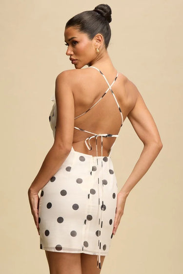 Floral Pop Polka Dot Mini Dress- Ivory/Black close up detail of polka dot design