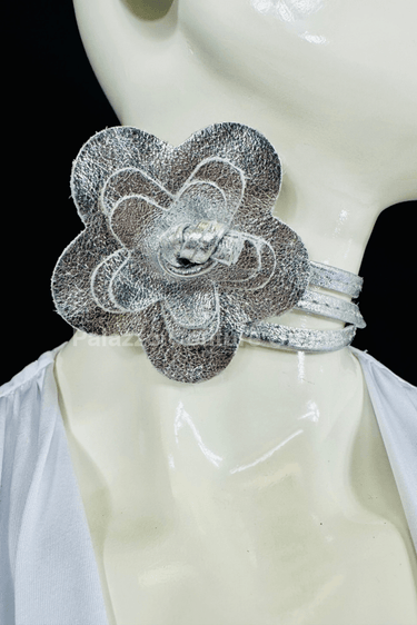 Floral Radiance Convertible Leather Wrap Belt & Choker (Silver) - Palazzo Couture Online