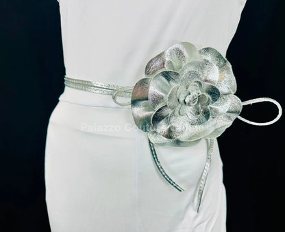 Floral Radiance Convertible Leather Wrap Belt & Choker (Silver) Accessories