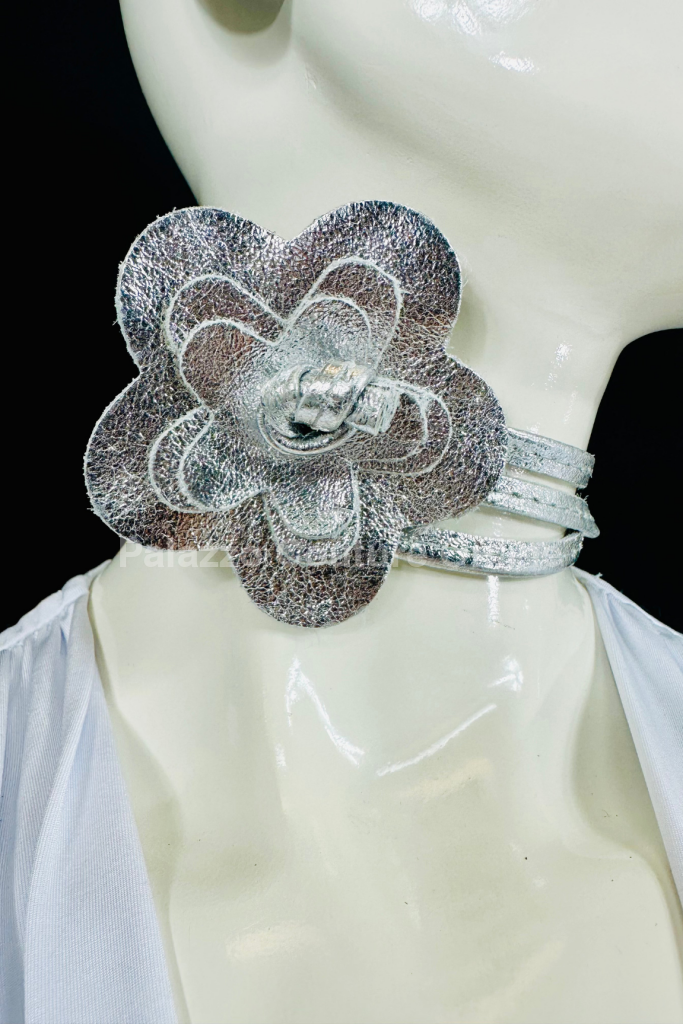 Floral Radiance Convertible Leather Wrap Belt & Choker (Silver) One Size / Silver Accessories