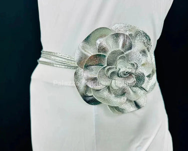 Floral Radiance Convertible Leather Wrap Belt & Choker (Silver) - women's statement waist belt accessory