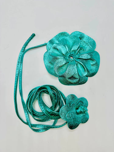 Floral Radiance Leather Flower Choker & Wrap Belt – Turquoise - stylish belt for dresses and outfits