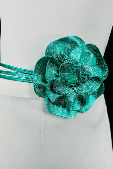 Floral Radiance Leather Flower Choker & Wrap Belt – Turquoise - women's statement waist belt accessory