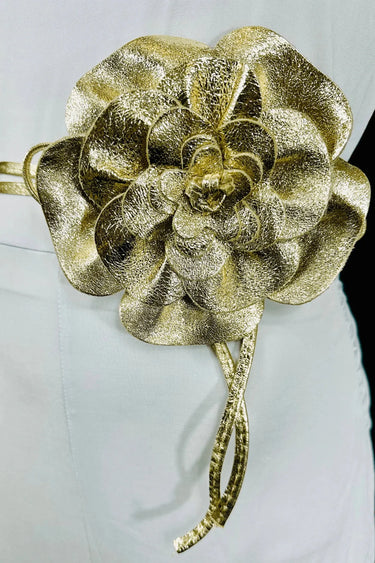 Floral Radiance Leather Wrap Belt & Choker – Gold - women's statement waist belt accessory