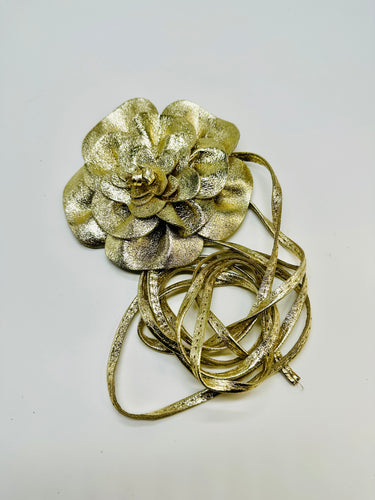 Adjustable floral leather wrap belt in gold finish