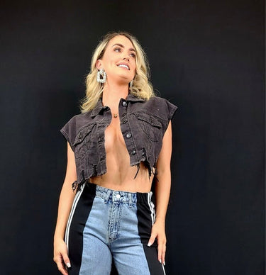 Frida Muse Crop Vest (Black Denim) - Palazzo Couture Online