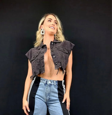 Frida Muse Crop Vest (Black Denim) - women's fashion jacket