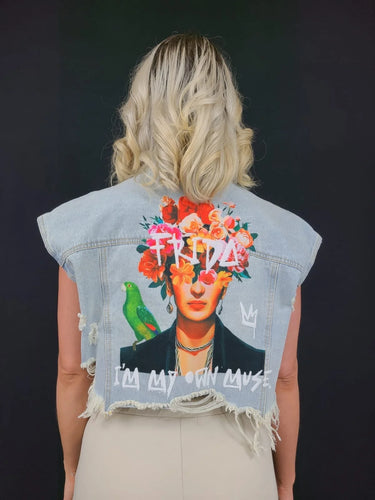 Frida Muse Crop Vest (Blue Denim) for women - stylish outerwear by Palazzo Couture