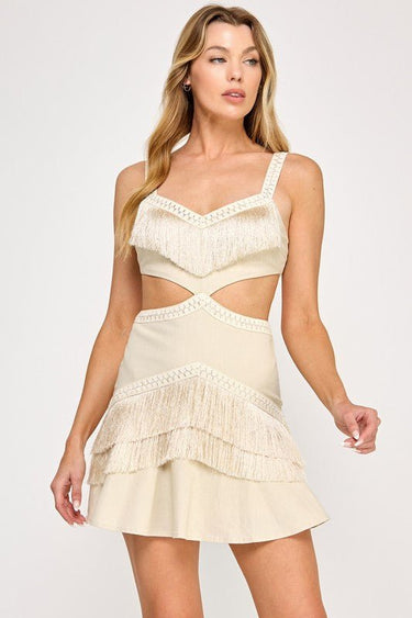 Fringe Escape Cutout Mini Dress Ivory - Palazzo Couture Online