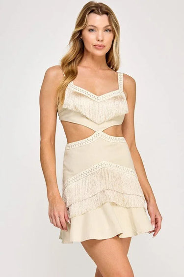 Fringe Escape Cutout Mini Dress Ivory close up detail of cutout design