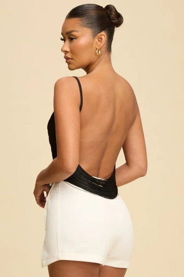 Fringe Open Back Fringe Top in Black with Adjustable Straps - women's cropped top