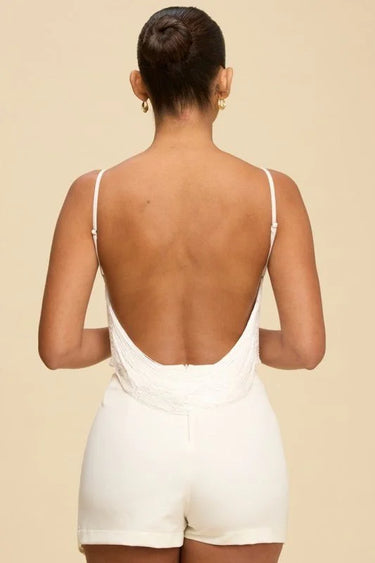 Fringe Open Back Fringe Top in White with Adjustable Straps - women's cropped top