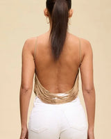 Fringe Open Back Fringe Top in Sand with Adjustable Straps - women's cropped top