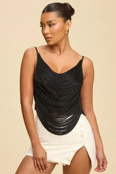 Fringe Open Back Fringe Top in Black with Adjustable Straps for women - crop top by Palazzo Couture